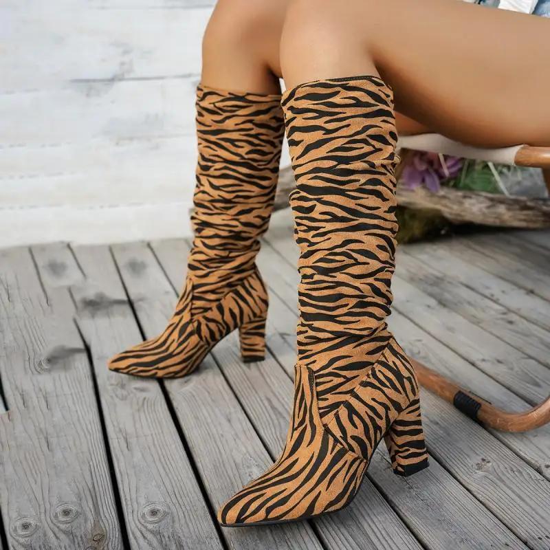 Fashion Autumn Winter 2025 Zebra-Pattern Knee High Boots Women Sexy Pointed Toe Thick High Heels Long Boots Woman Slip On Booties Shoes