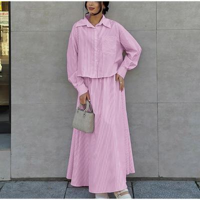 Conjunto de Saia e Camisa Listrada Feminino Manga Longa Gola Lapela Top Solto Amarrar Saia Ampla Temperamento Commut Conjunto de Duas Peças 2025 Primavera Outono Nova Moda