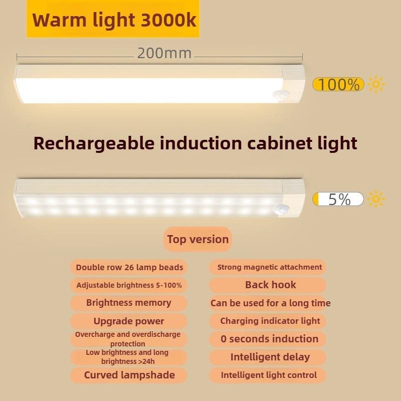 Motion Activated LED Bar USB Rechargeable Magnetic Night Light for Kitchen Cabinet Bedside Room Portable Sensor Lamp