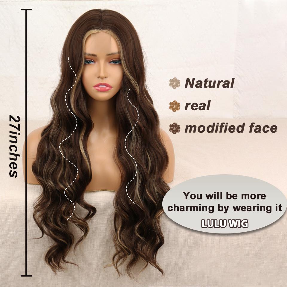 XINRAN Women Fashion Long Water Wave Wig Without Bangs Synthetic Fiber Ombre Brown Blonde Color Body Wave Lace Front Wig