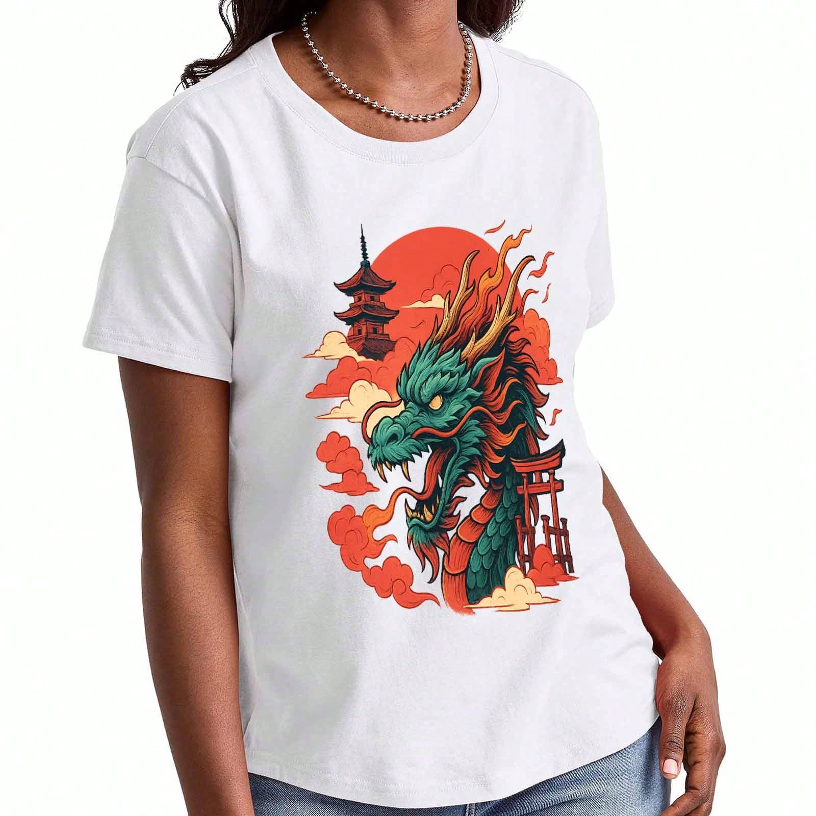 Japanese Dragon Wounisex s Cotton T Shirt, Pure Cotton Premium Print, Durable, Casual And Fashionable. Featuring A Mythical Japanese Dragon With Sunse S разноцветный