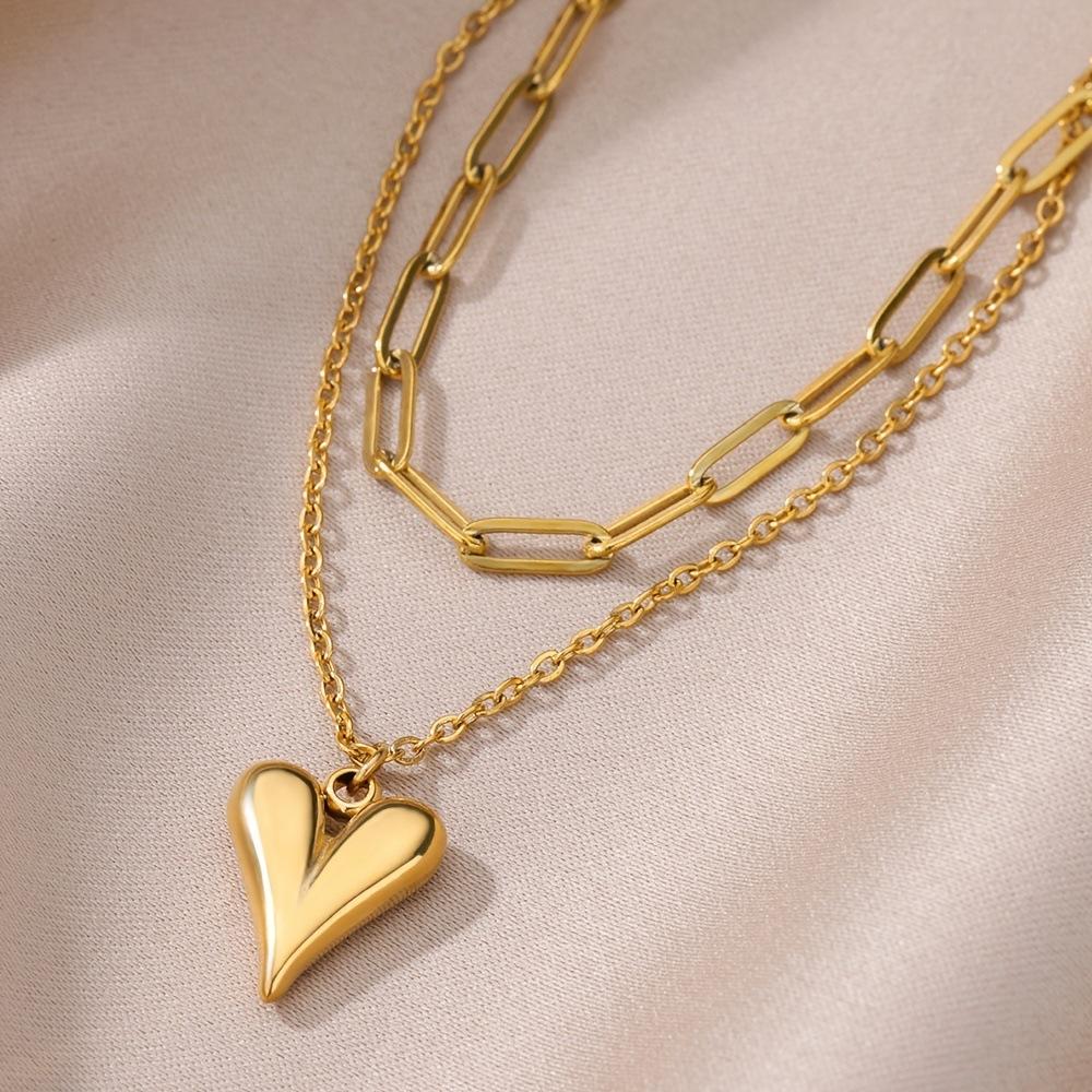 Heart-shaped Double-layer Chain Design, Stackable and Elegant Pendant Necklace