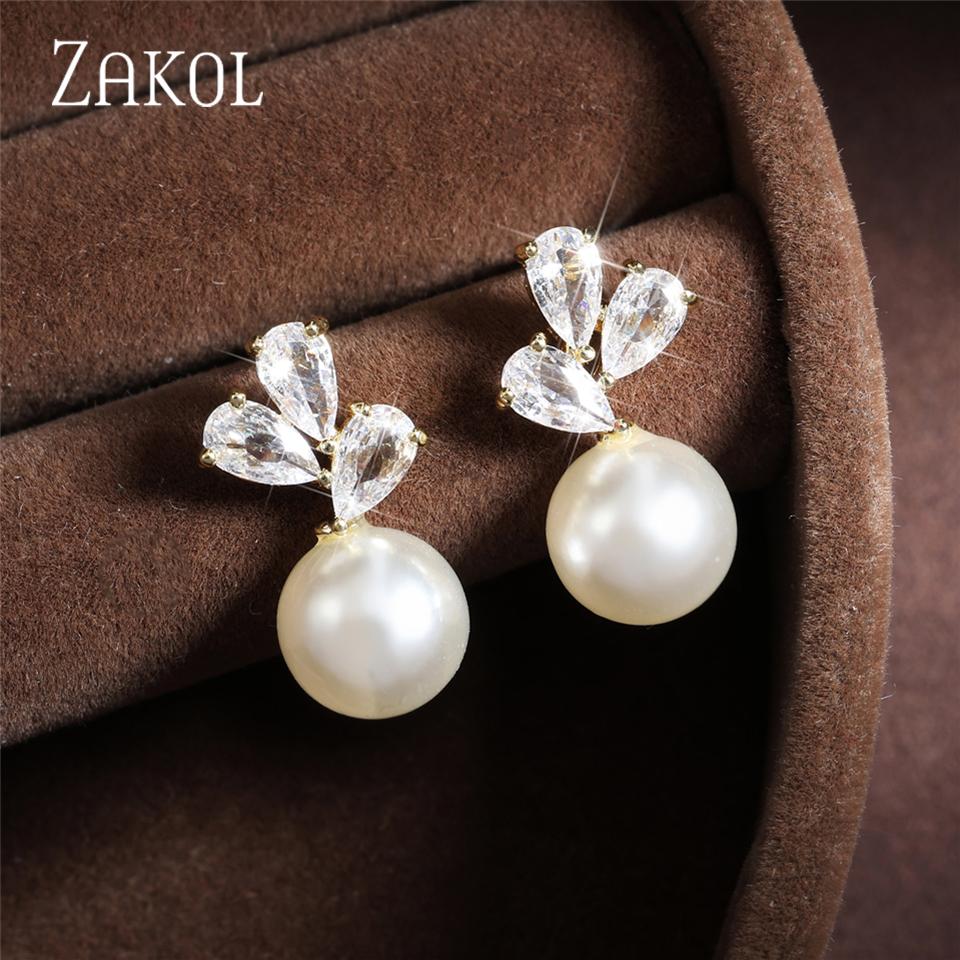 ZAKOL Cute Round Imitation Pearl Stud Earrings For Women Teardrop Zircon Bridal Earring Exquisite Wedding Party Jewelry