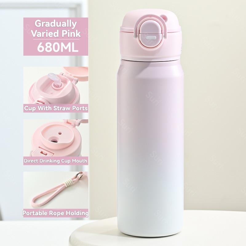 680ml Gradient Color Stainless Steel Thermos Cup Hot Cold Vacuum Flask Double Drink Lids Straw Leakproof Portable Rope Handle 680ml