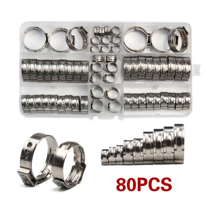 80Pcs Single Ear Hose Clamps 5.8-23.5mm Crimp Hose Clamps Cinches Clamp Rings for Securing Pipe Hoses and Automotive Use