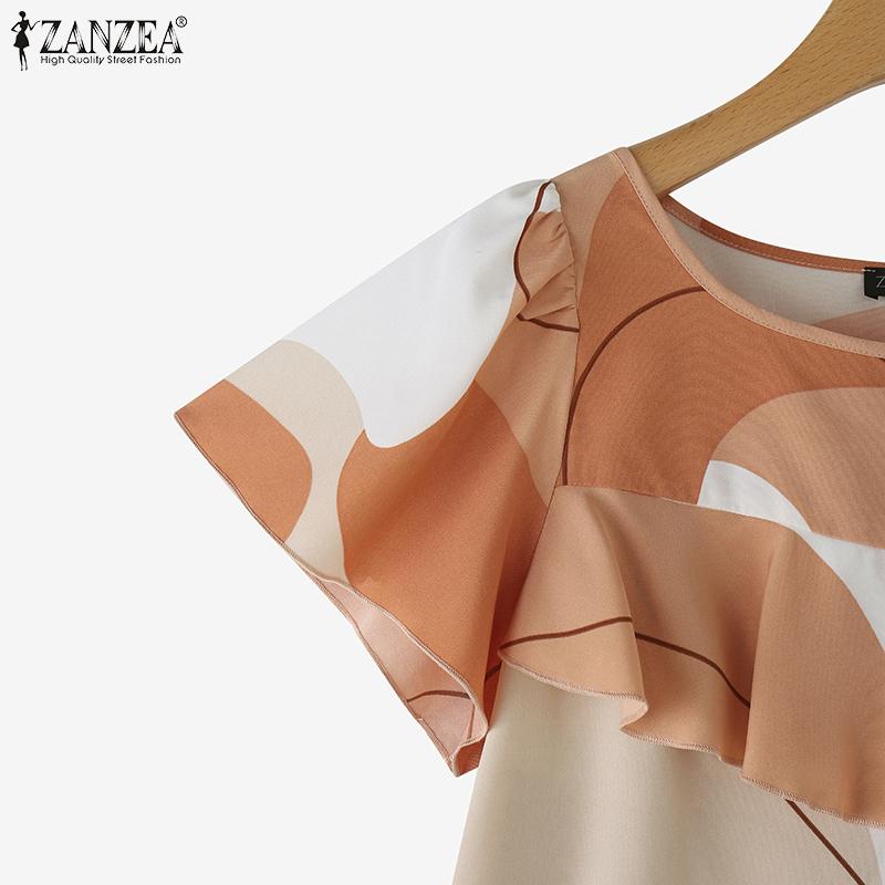 ZANZEA Women Casual Round Neck Short Sleeve Ruffles Print Blouse