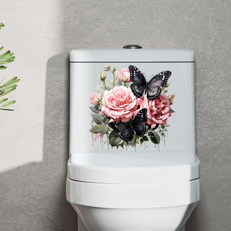 Pink Rose Black Butterfly Floral Wall Stickers Self Adhesive Peel and Stick Decor for Bathroom Cabinets Refrigerator Doors Home Decoration