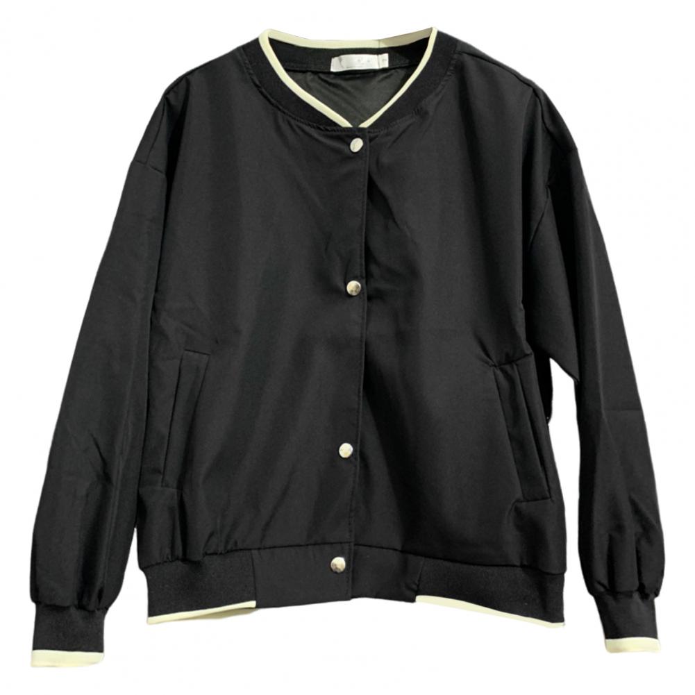 

Жіноча куртка осінь-весна з коміром-стійкою, суцільний колір, довгі рукави, однобортний V-подібний виріз, бейсбольне пальто в стилі преппі, лу M чорний