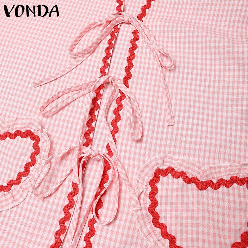 VONDA Cămăși Casual Largi cu Mânecă Lungă și Decolteu în V pentru Femei, cu Imprimeu Plaid, Inimă și Nod Fundă