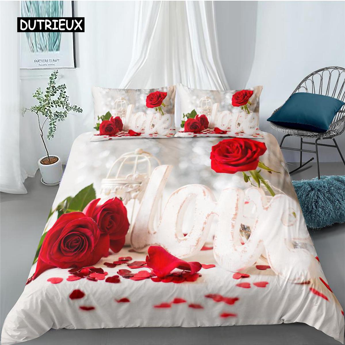 

Комплект постельного белья с цветочным принтом ко Дню святого Валентина, 2/3 предмета, роскошная роза, сердце, любовь, королева, близнец, королева, полиэстер, пододеяльник, наволочка EU single(135x200cm)