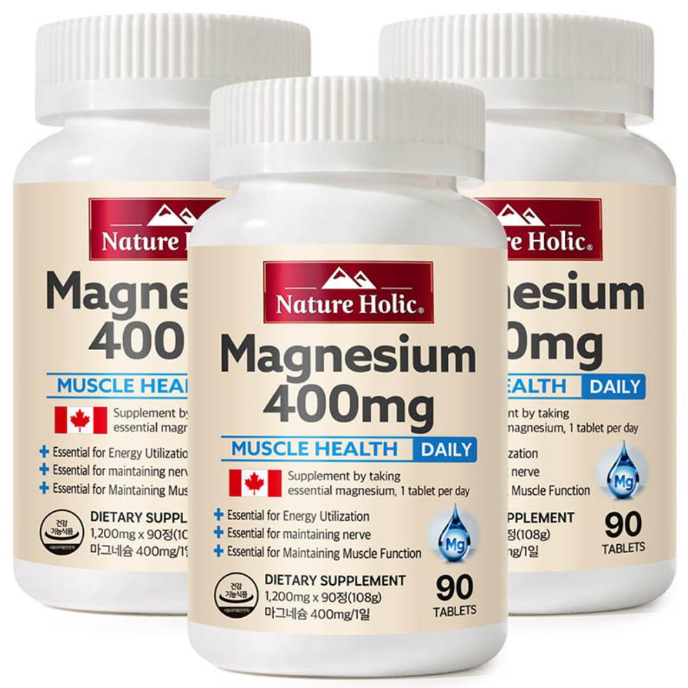 Natureholic Canada Magnesium 400mg 3 Bottles Total 270 Capsules 9 pcs Monthly Supply 90 Tablets 3 pcs