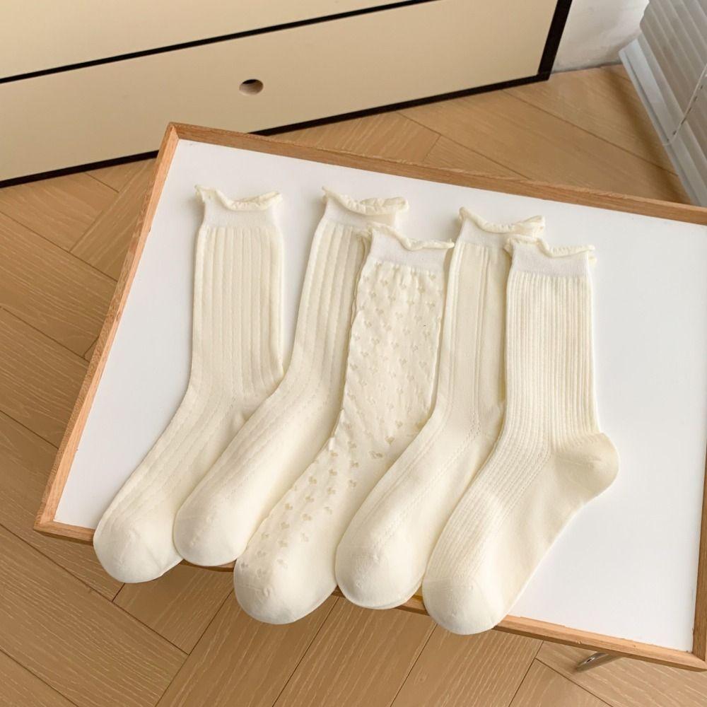 2Pairs Lingge Mid-calf Cotton Socks Heart Ruffle Tube Socks Women Sweet White Socks  Daily