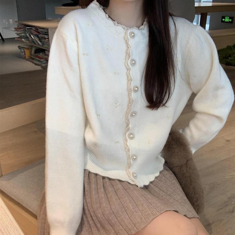 

Весенний корейский милый кардиган из трикотажа с кружевной отделкой, женский свитер, трикотажный топ, сезонная женская одежда One Size белый