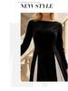Women's European Color-Block Long-Sleeve Dress with Waist-Cinching and Elegant Long Skirt