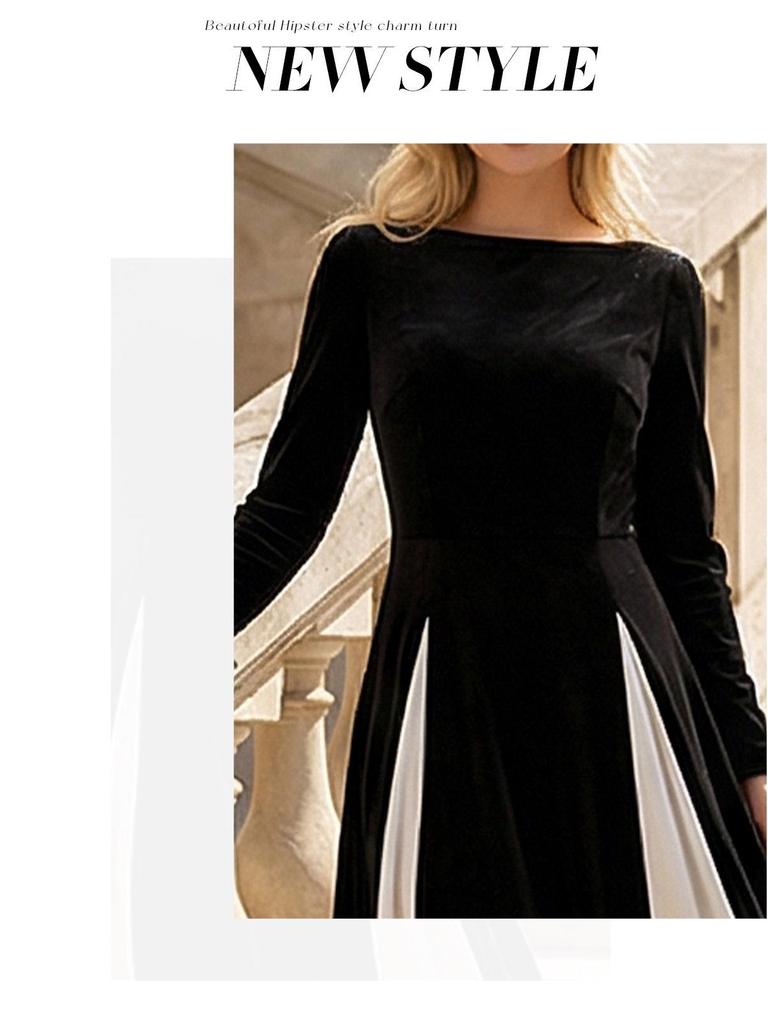 Women's European Color-Block Long-Sleeve Dress with Waist-Cinching and Elegant Long Skirt