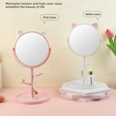 Dresser Vanity Mirror with Cute Cat Ear Holder 360° Rotation Table Countertop Base Use for Bedroom Desk Cosmetic Mirrors