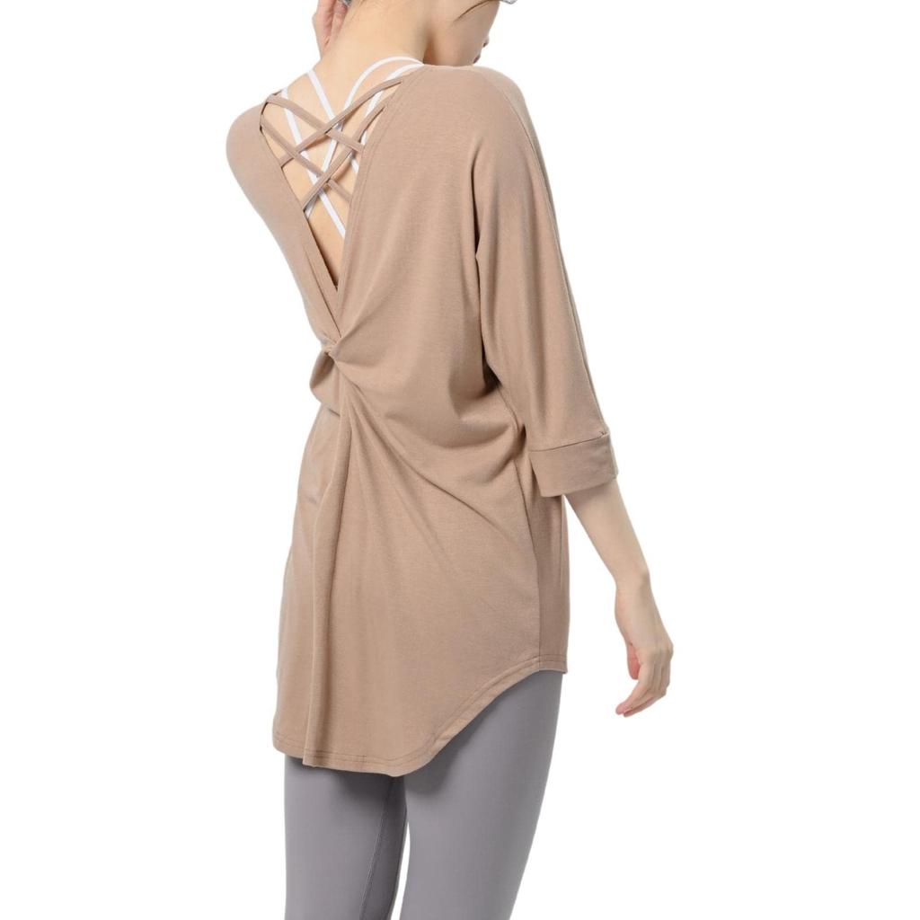 720 machikaada Yoga Back Long Cute Women's Top, 3/4 Sleeves, Design, Length, Flattering, Stylish, (Beige)