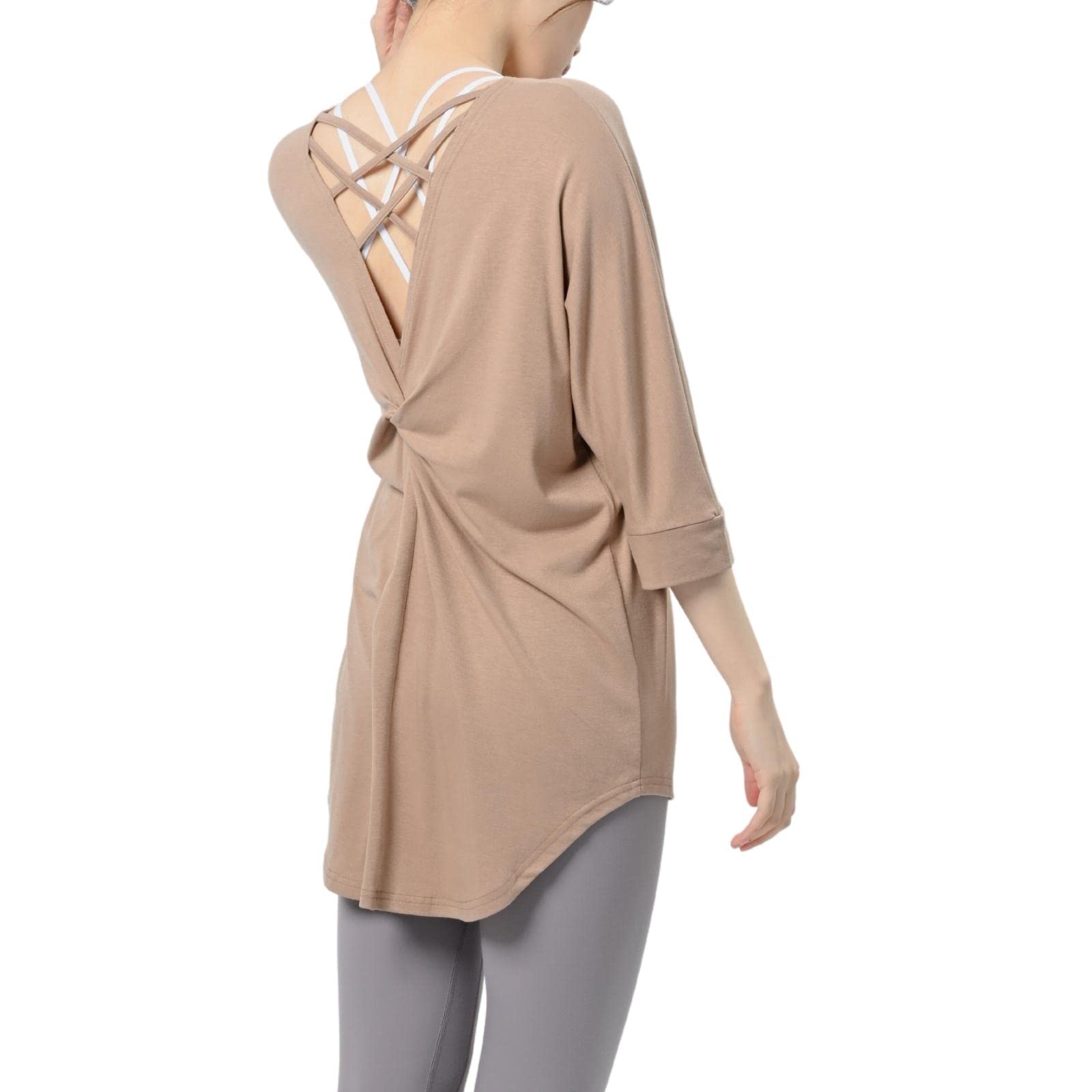 

720 machikaada Yoga Back Long Cute Women s Top, 3/4 Sleeves, Design, Length, Flattering, Stylish, (Beige) бежевый