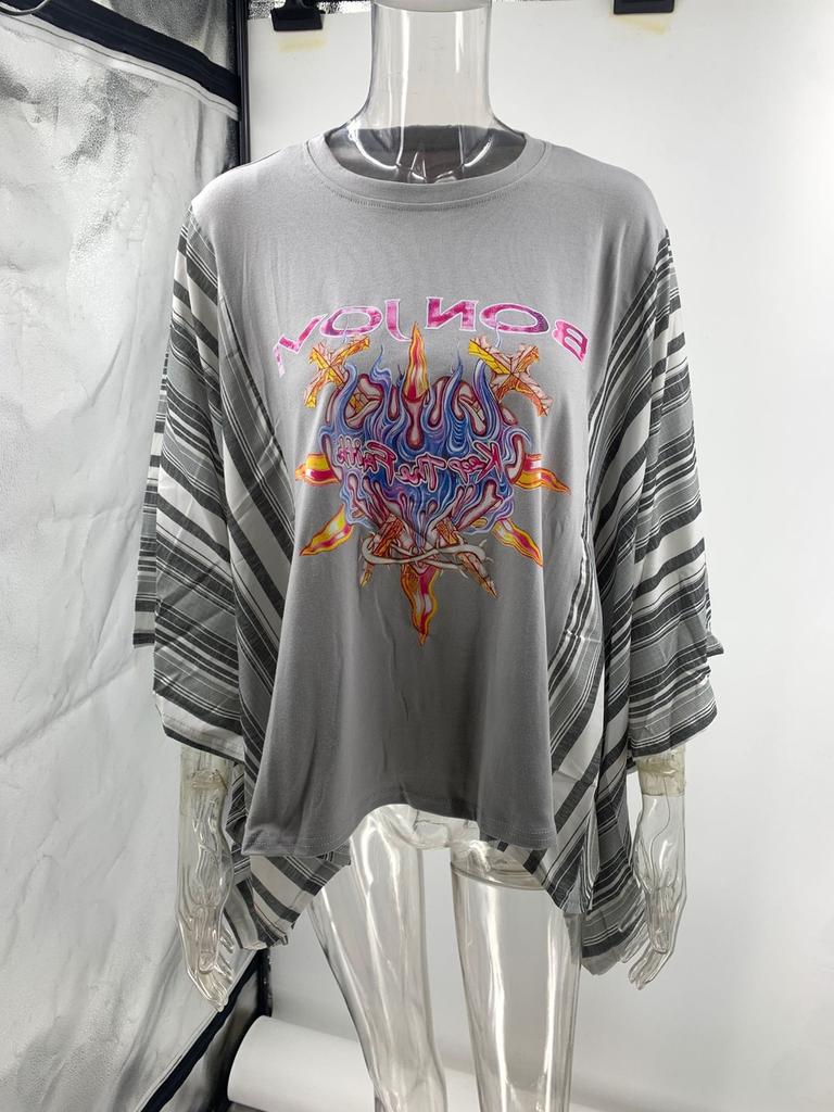 New Printed Crew Neck Loose Casual Batwing Sleeve Top for Women