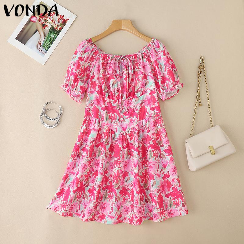 VONDA Vestido Mini Casual con Volantes para Vacaciones con Estampado Floral y Manga Corta Descubierta para Mujer