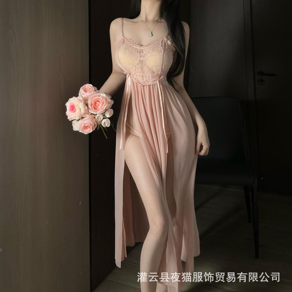 Sexy Lace Temptation Suspender Sexy Underwear Perspective Split Thin Mesh Nightdress Long Dress Uniform Set