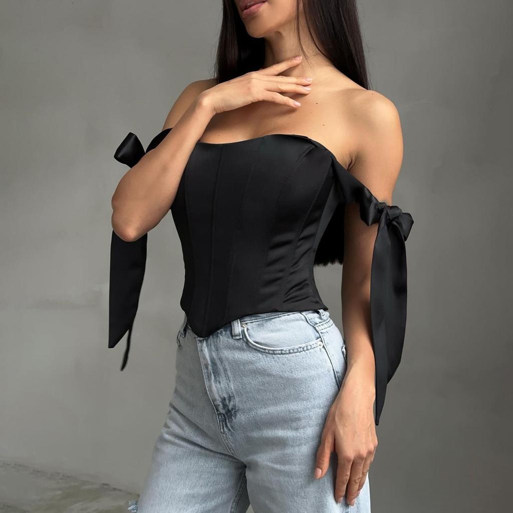 Women's Slim Fit Strapless Top Off Shoulder Tie Sleeves Irregular Hem Corset Style Bustier Blouse