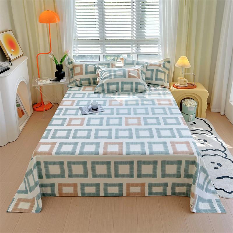 Green Check Raw Cotton Bed Sheets For Double Bed All Seasons Bed Cover Full Set Queen/King Size Flat Top Sheets No Pillowcase