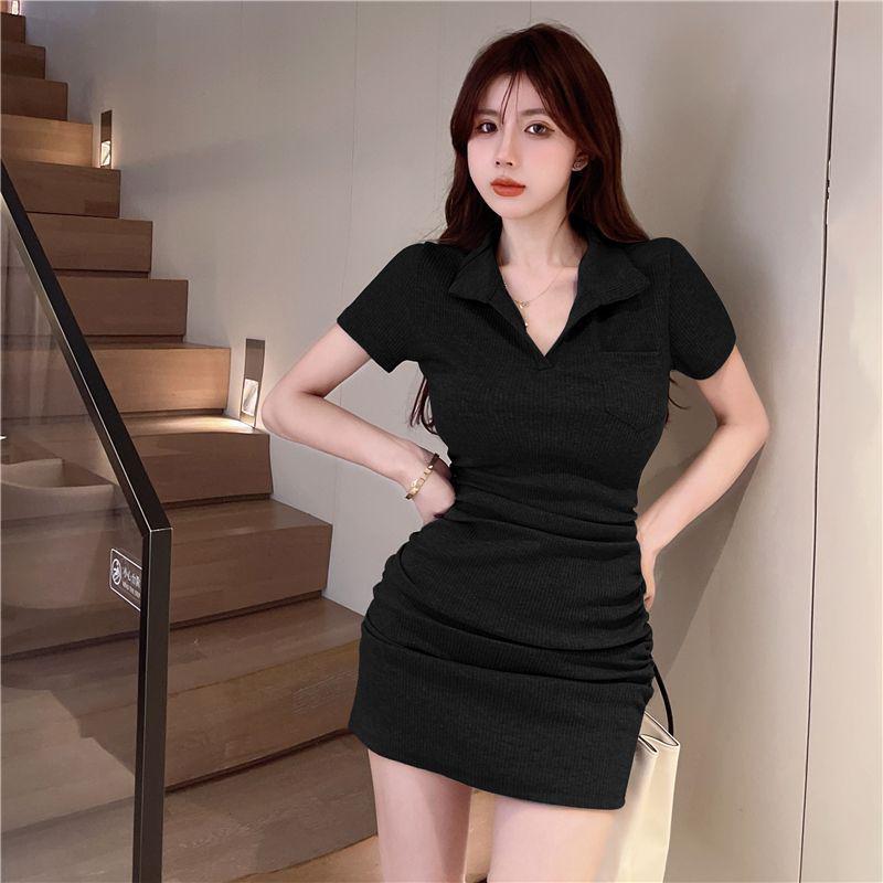 Slim-Fit Polo Collar Dress for Women, One-Piece Bodycon A-Line Skirt, 2026 Summer Trend, Solid Color.