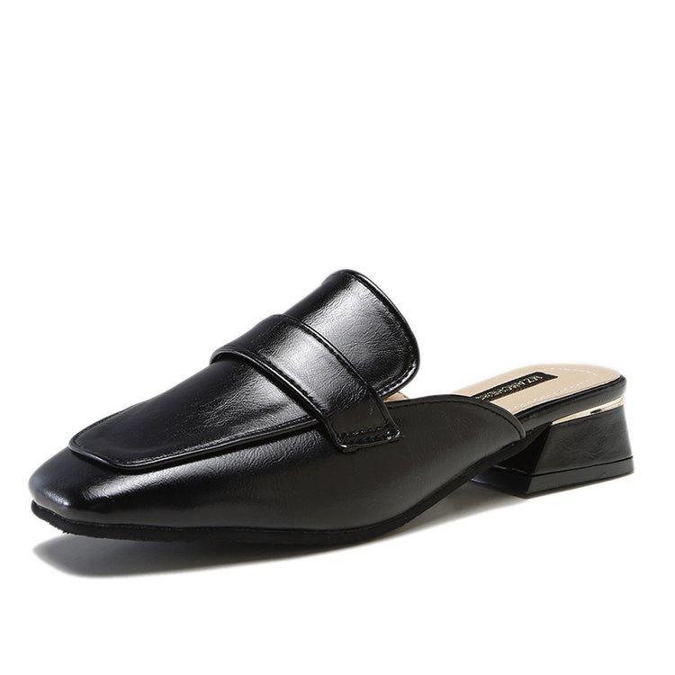 Half Slippers Women's 2025 Summer New Bag Head Leather Splicing Breathable Middle Heel Ladies Slippers Square Head
