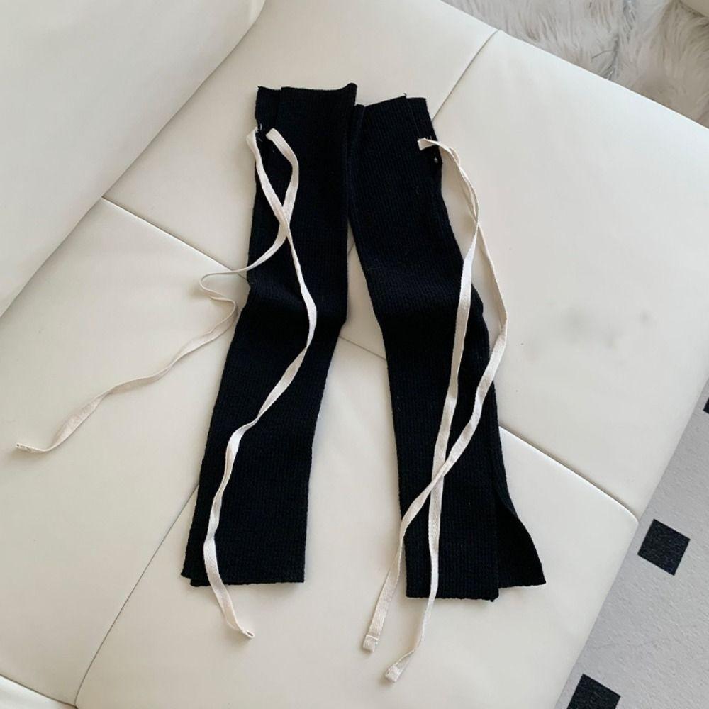 Bow Tie Lace Up Leg Warmers Y2K Knee High Socks Solid Color Women's Stockings Autumn