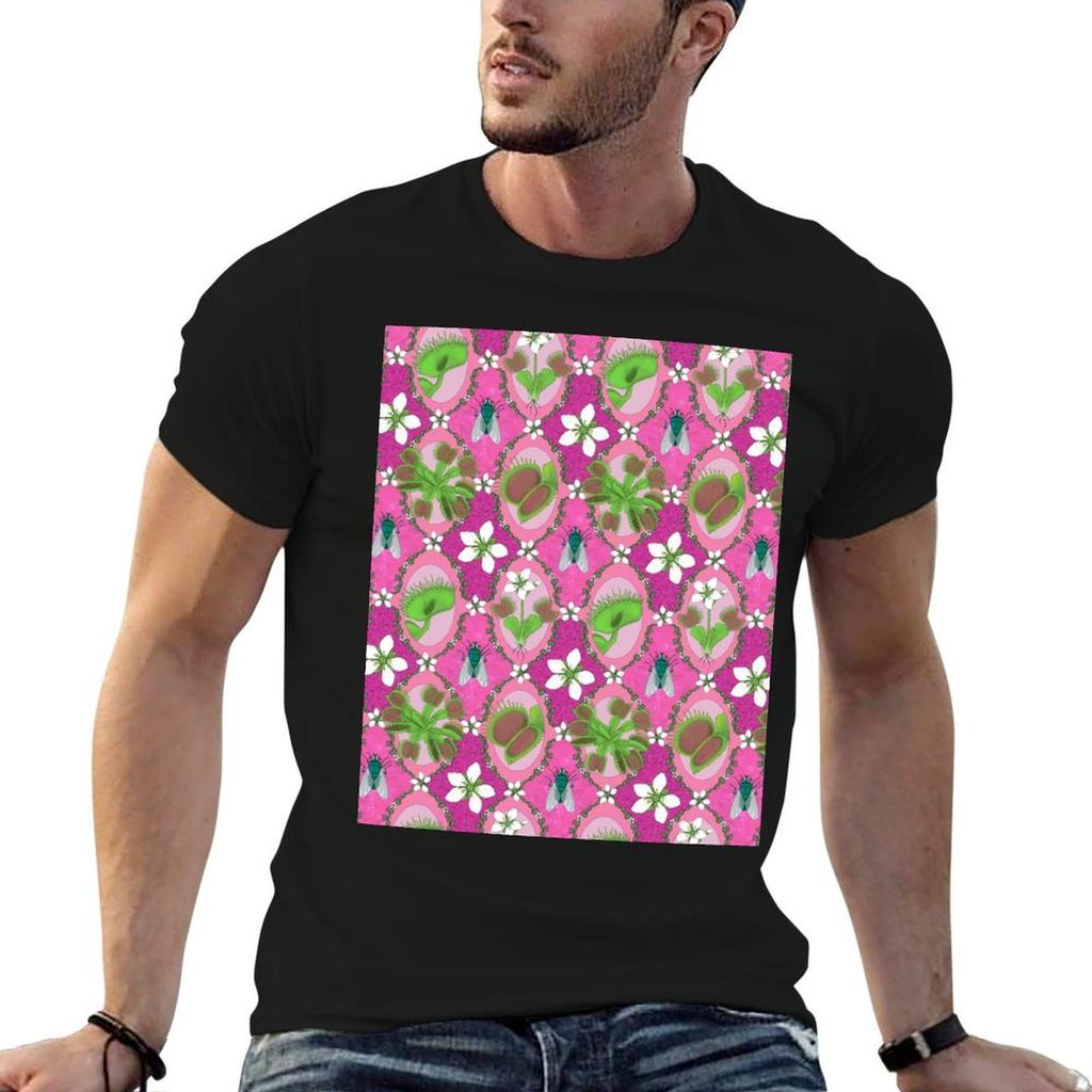 Pink Sparkle Flytrap Motif T-Shirt Plus Size Workout Short Sleeve Top
