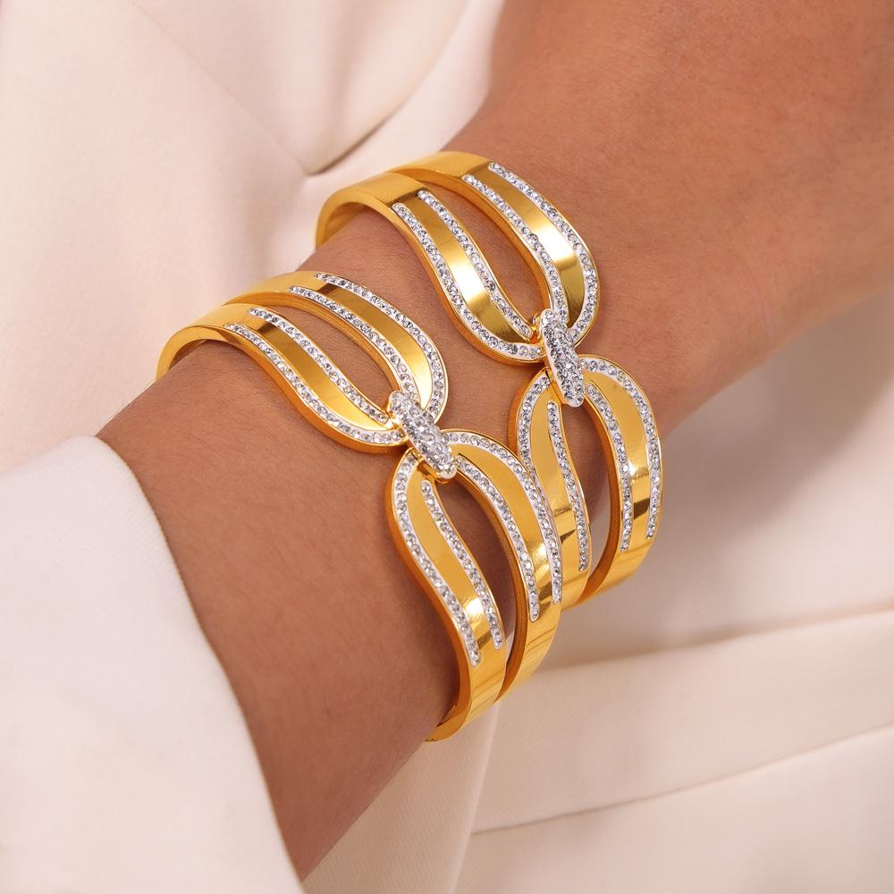 Bowknot Zircon Bangle For Women Gold-Plated Stainless Steel Spring Round Bangle Bracelets Female Wedding Waterproof Zircon
