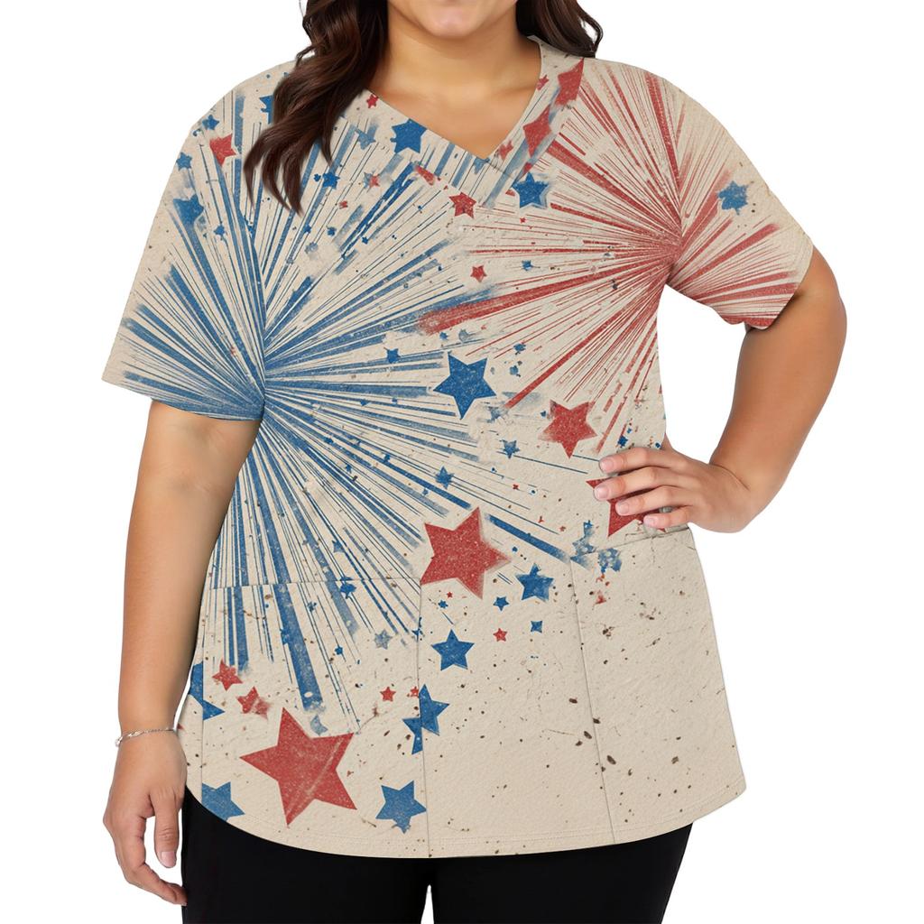 Women's Fashionable Casual Independence Day American Flag And Stars Print V-neck Short-Sleeved Work Shirt With Double Side Slits And Pockets