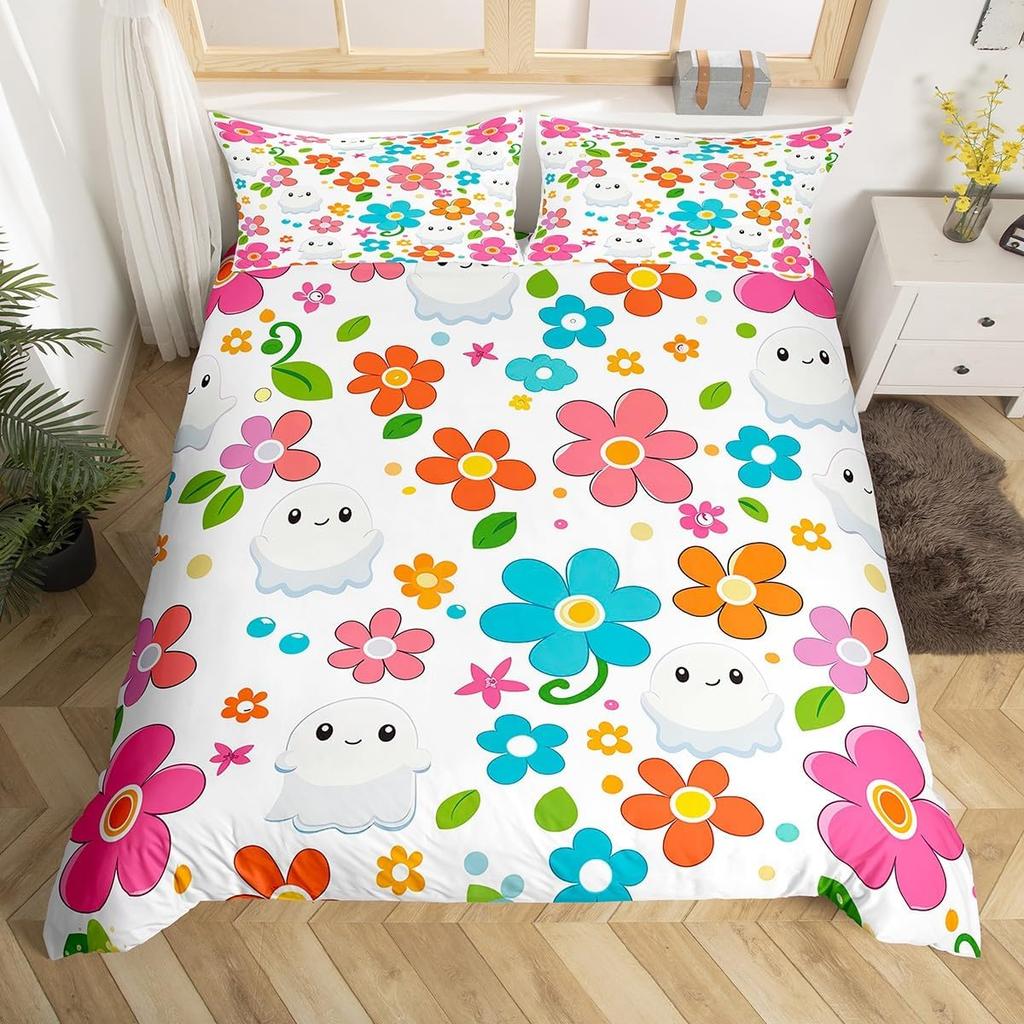 Cartoon Ghost Duvet Cover Scary Halloween Theme Bedding Set Spooky Pumpkin Comforter Cover Skull Skeleton Bed Cover Twin Queen