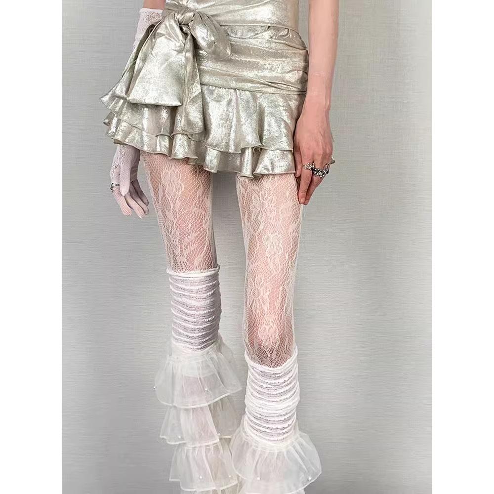 Sweet Cool White Lace Print Y2K Fishnet Socks Multi-layer Leg Cover Two-piece Set High Street Subculture Punk Style Sexy Socks