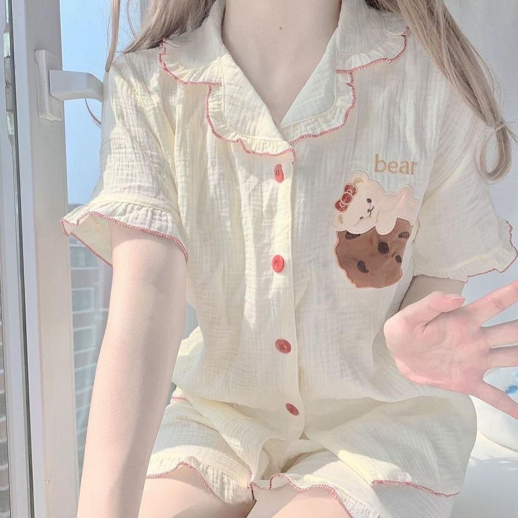 Sweet Princess Style Bear Pajamas Women's Summer Cardigan Lace Short-sleeved Shorts Set Casual Lazy Style Loungewear