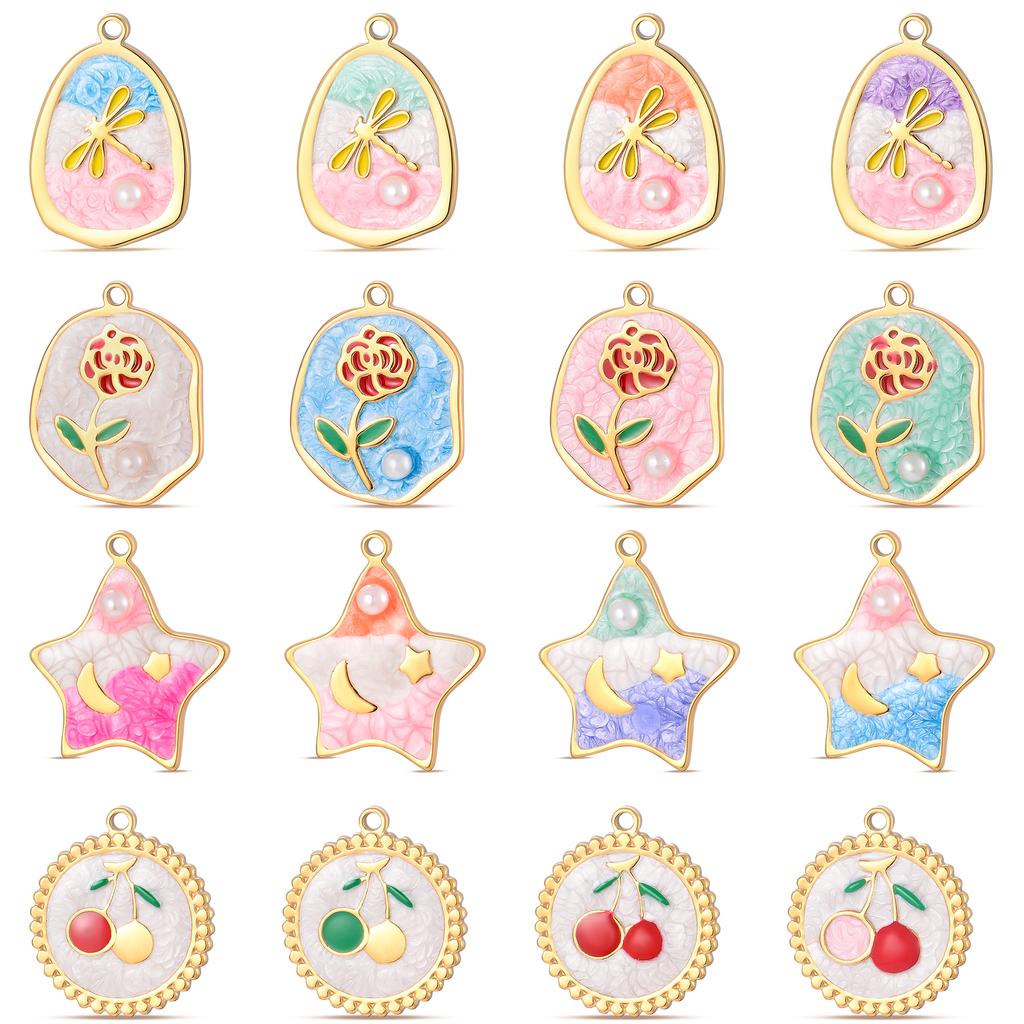 6Pcs/lot Enamel Cherry Butterfly Star Flower Charms For Women Stainless Steel Jewelry Making DIY Necklace Bracelet Accessories