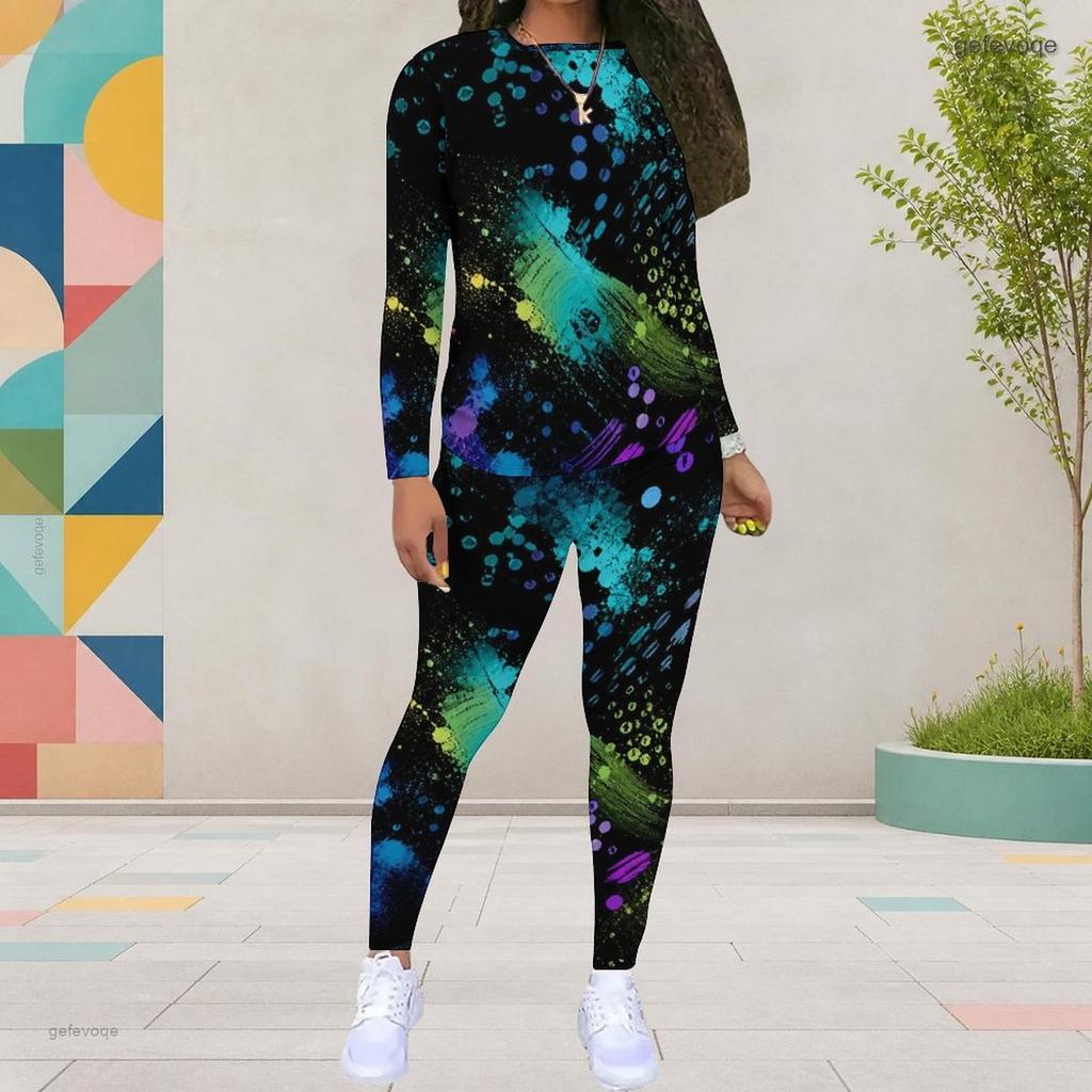 Women Plus Size Round Neck Long Sleeve Printed Top And Fitted Pants Two Piece Set