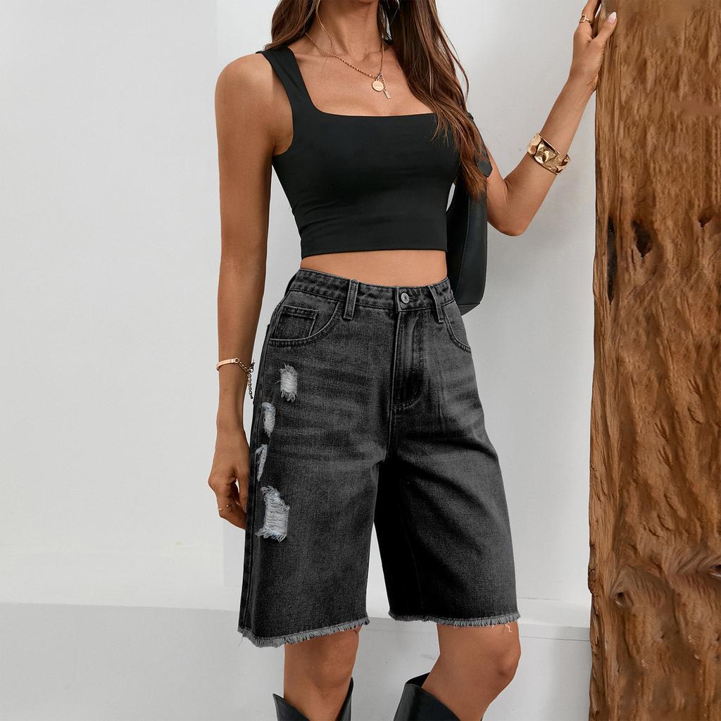 Women's Casual Color Denim Ripped Five-point Pants Fringe Jeans