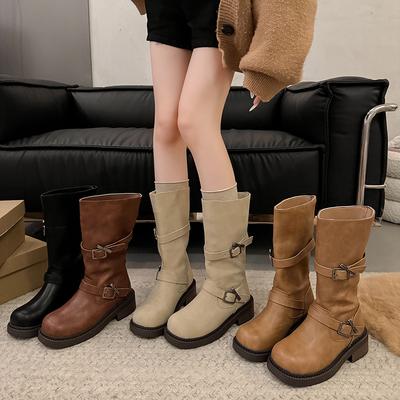 Mittelhohe Stiefel Herbst Neu Runde Spitze Geprägtes Leder Metallschleife Plateau Rutschfest Verschleißfest Blockabsatz Schuhe