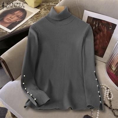 Damen Rollkragen Perlenstich Langarm Dünn Lässig Gestrickter Pullover Tops