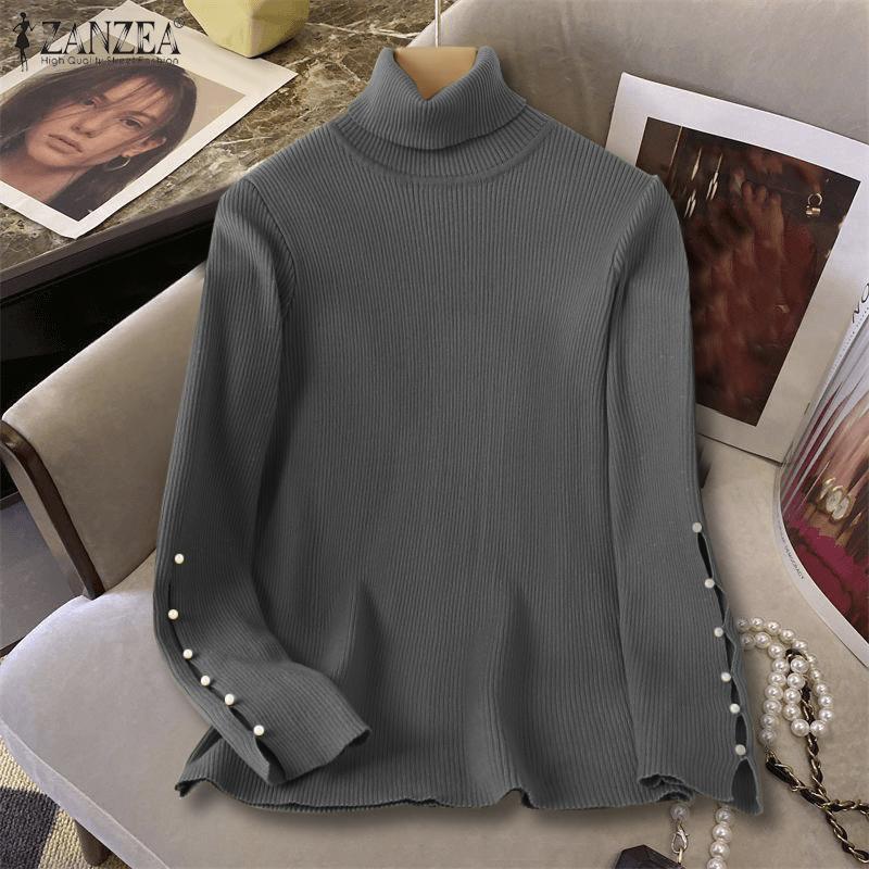 ZANZEA Women Turtleneck Pearl Stitching Long Sleeve Thin Casual Knitted Sweater Tops