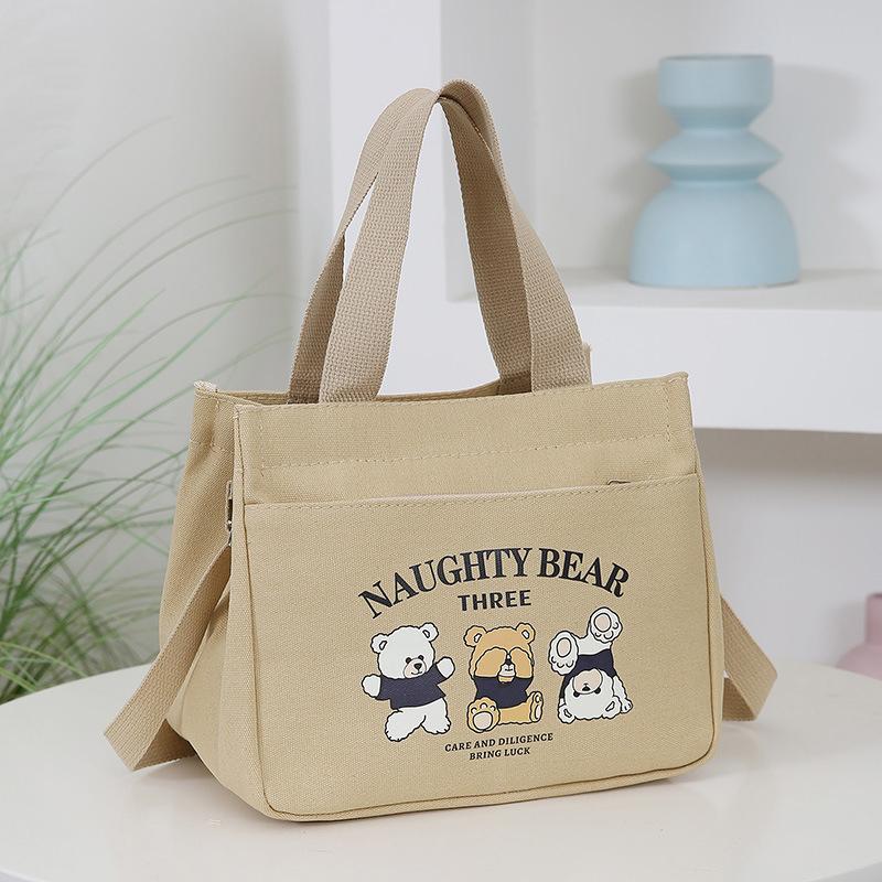 Cartoon Cute Bear Printed Pattern Canvas Tote Food Bag With Adjustable Shoulder Strap Hand Lunch Bag Canvas Bag Bento Bag