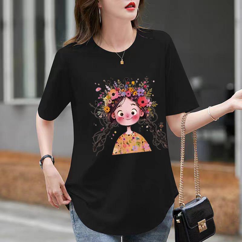 Relaxed Fit and Thin Bottoming Top Pure Cotton White Medium and Long Short-sleeved T-shirt Womens Summer Latest Trendy