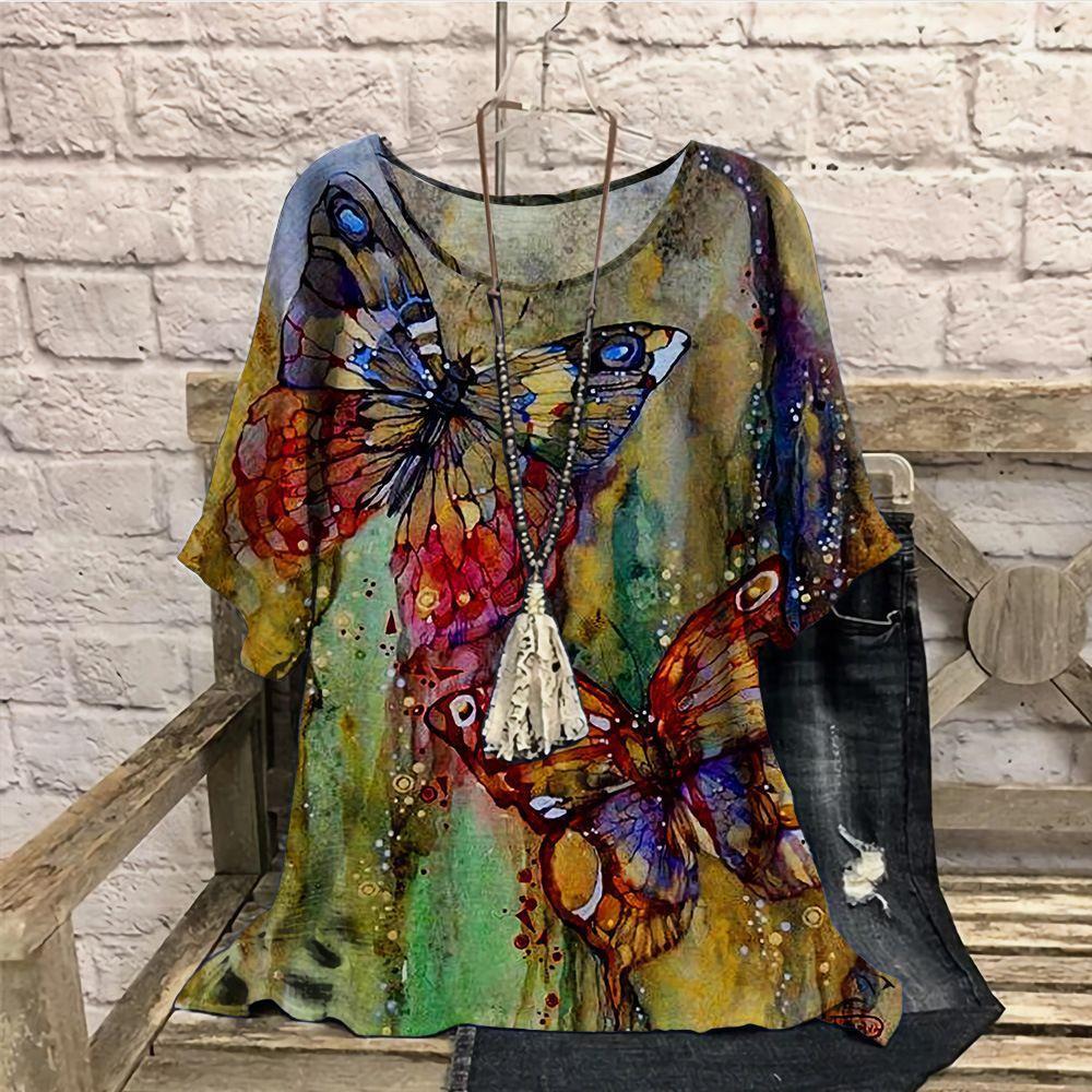 Plus Size Retro Color Blocked 3D Printed Summer Casual Round Neck Short Sleeved Loose Slimming Loose T-shirt