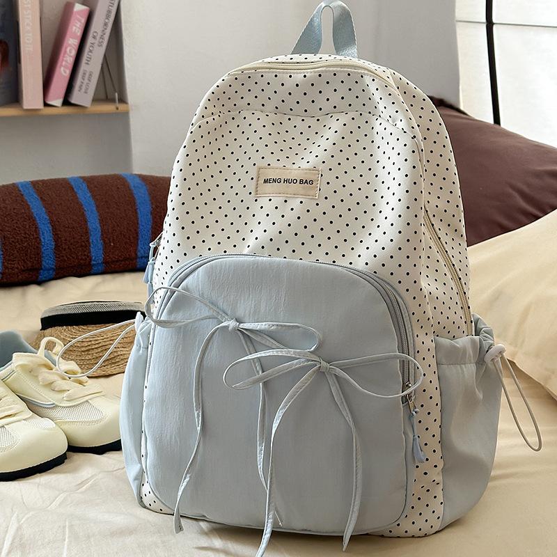 Schoolbag Cute Sweet Girl Backpack Female Student Class Versatile School Bag Korean College Style Bow Polka Dot Backpack