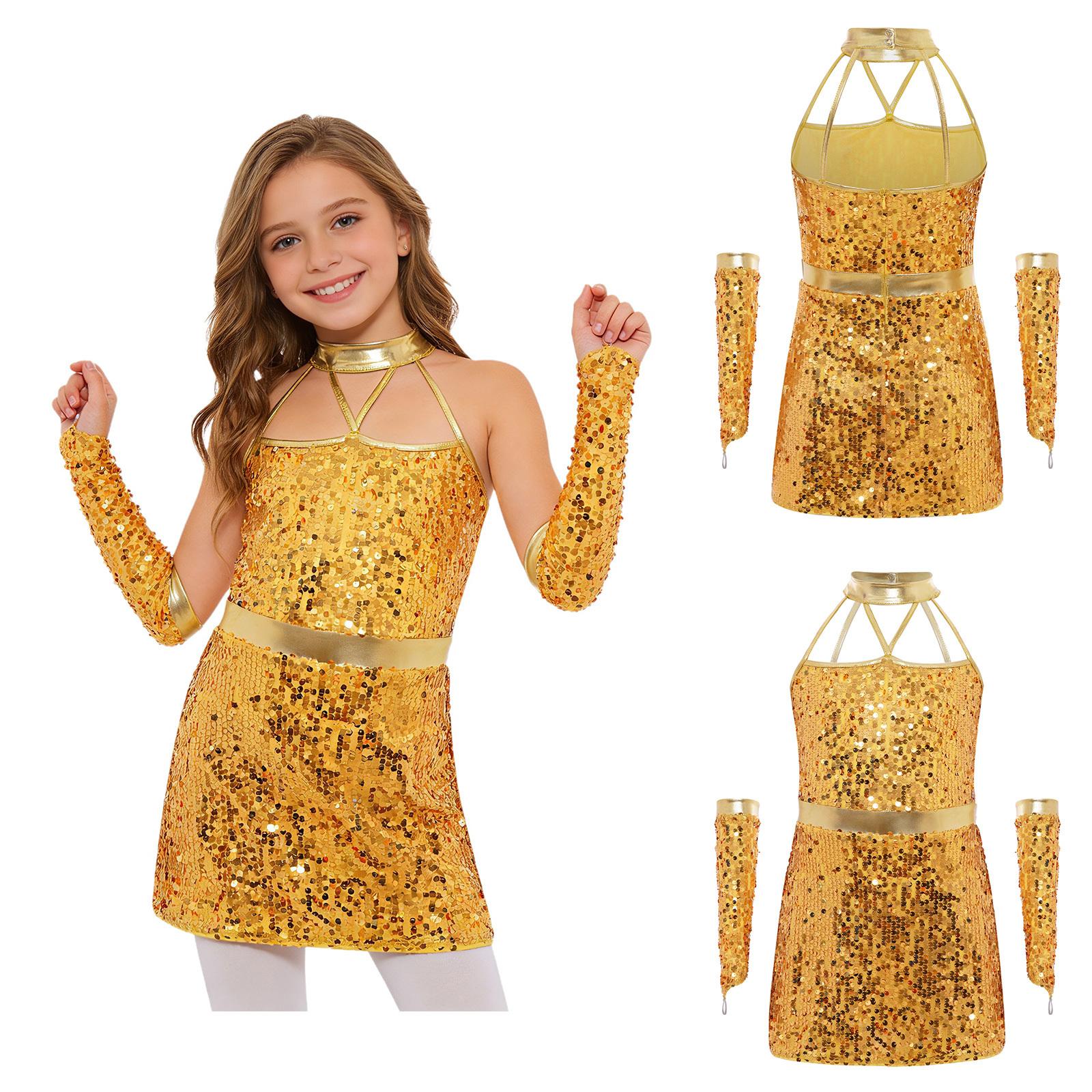 

Kids Girls Jazz Dance Halter Dress Sleeveless Strappy Back Invisible Zipper Sparkling Sequins with 1 Pair Gloves for Stage Performance 5-6 Years золотой