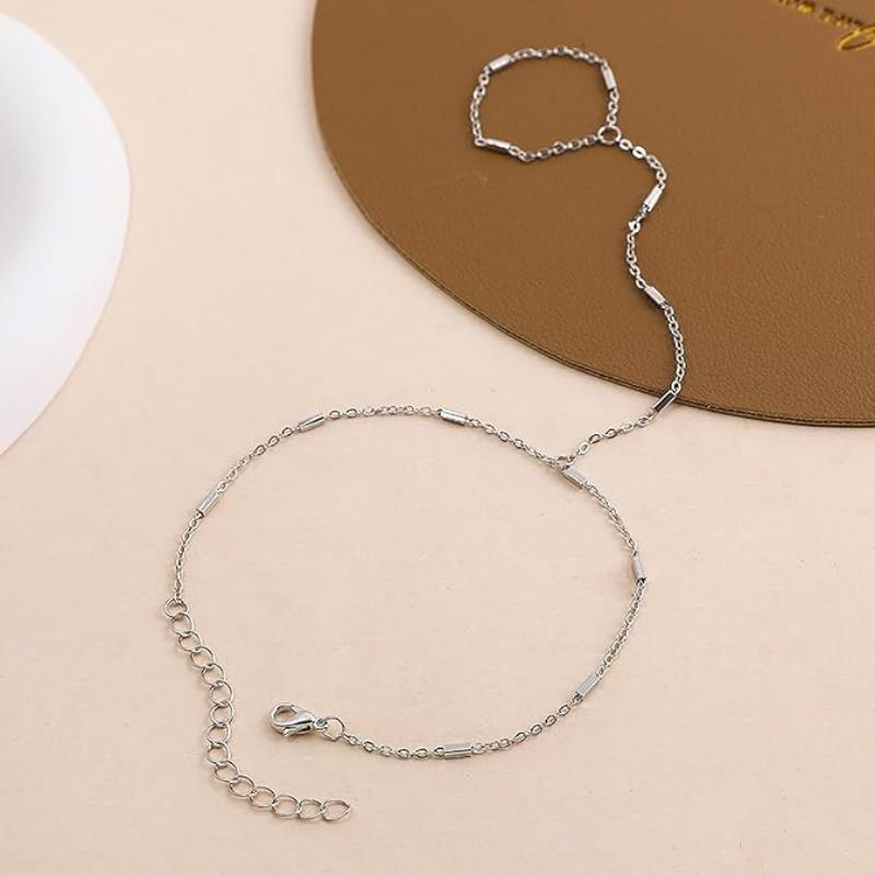 Gold CopperColor Bead Chain Bracelet For Women Trendy Ring Bracelet Hand Chain Finger Ring Slave Cuff Bracelet Mothers Day Gift