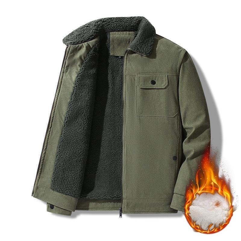 Corduroy Lapel Work Jacket for Winter Men's Plush Thickened Lamb Velvet Jacket for Middle-aged and Elderly Cotton Clothing