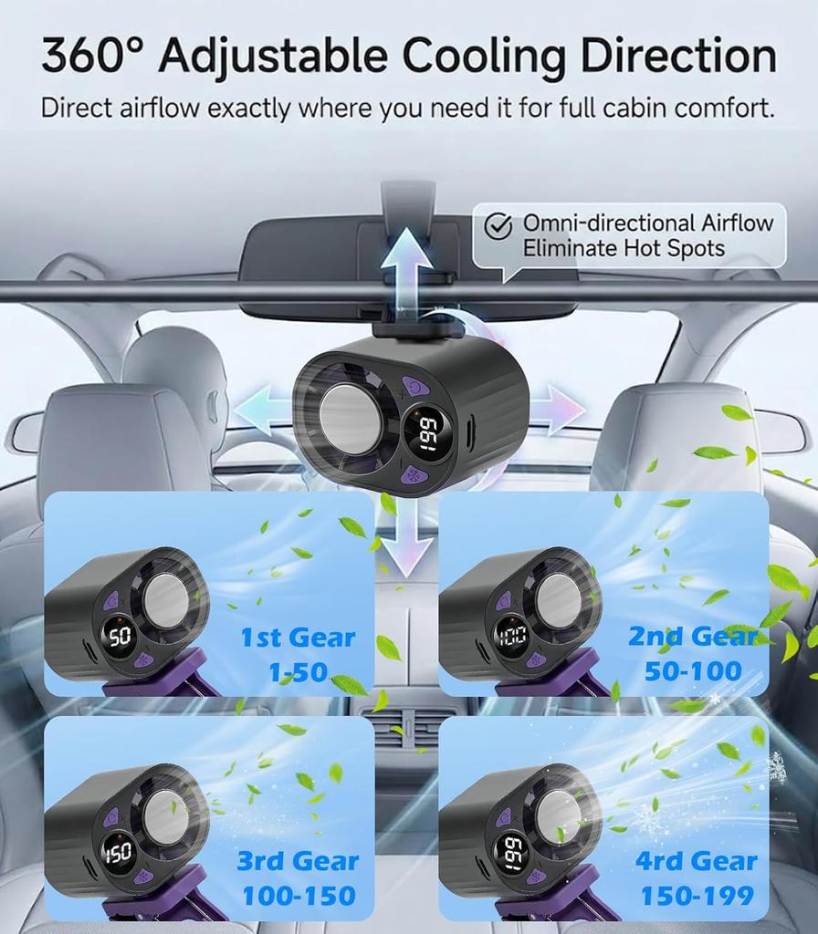 2026 New Car Clip On Air Conditioner Fan With LED Display, Mini Cooling System For Auto Vehicle, 360° Rotation Mini Clip Fan